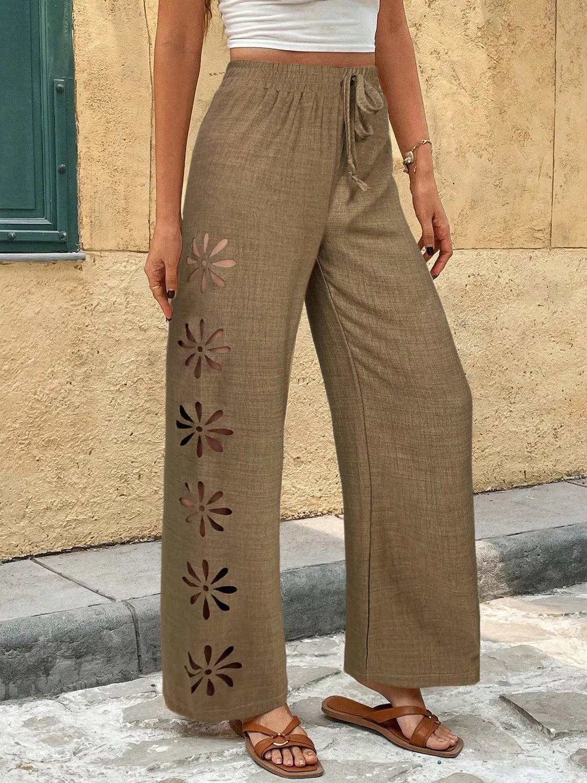 Apricot casual wide leg drawstring pants front view