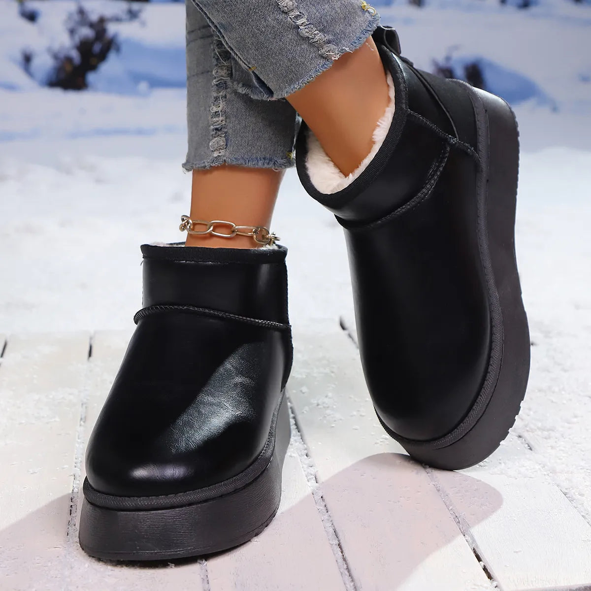 Faux fur platform ankle boots front view