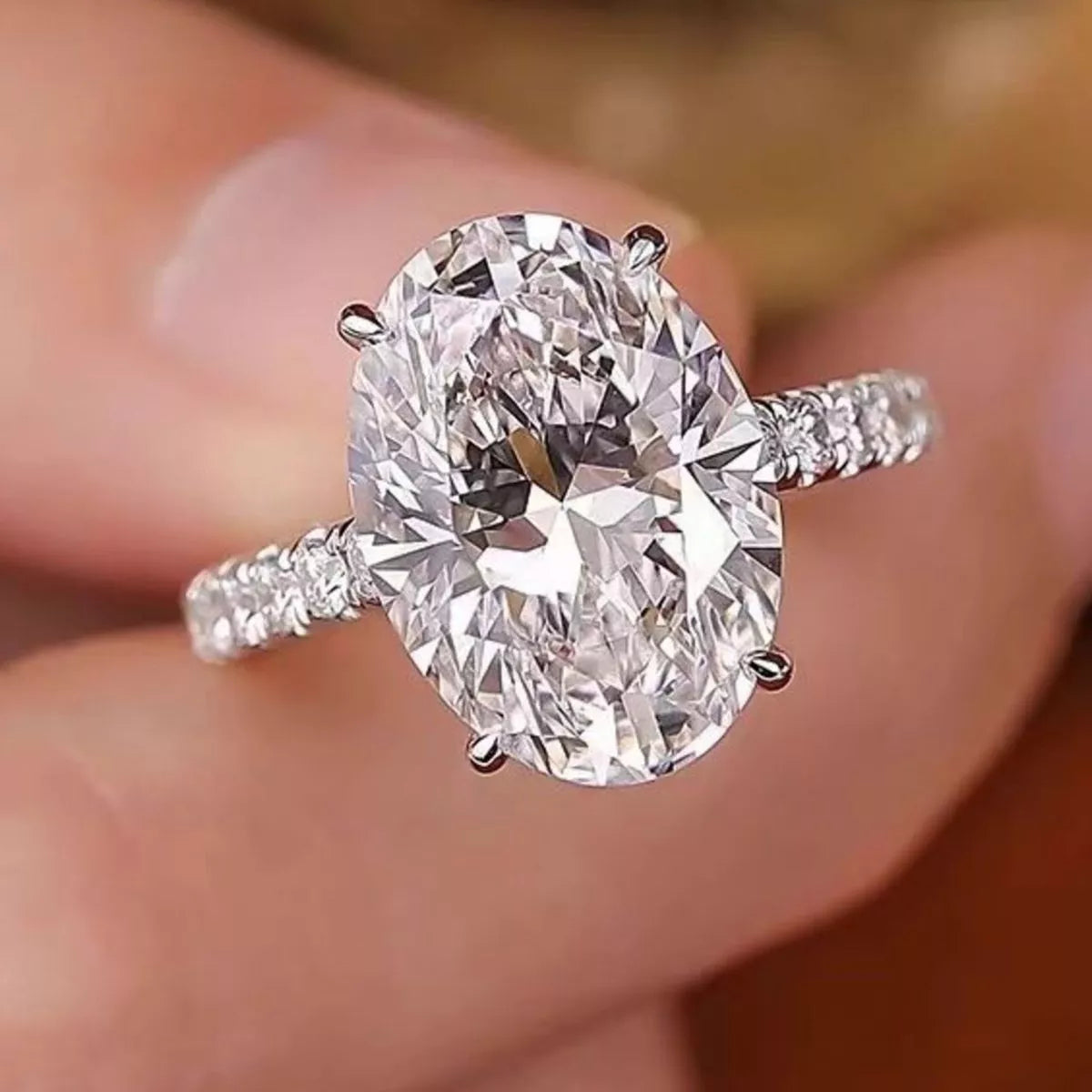 Sterling silver oval moissanite solitaire ring full length view