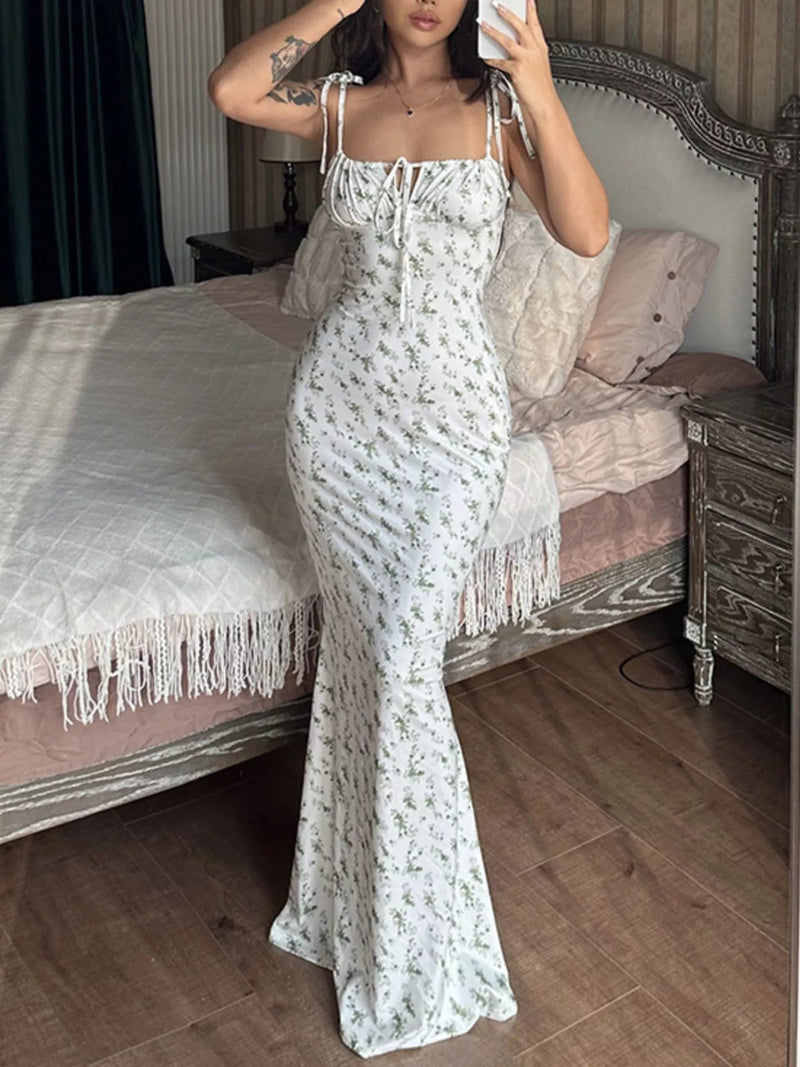 Floral tie strap bodycon maxi dress front view