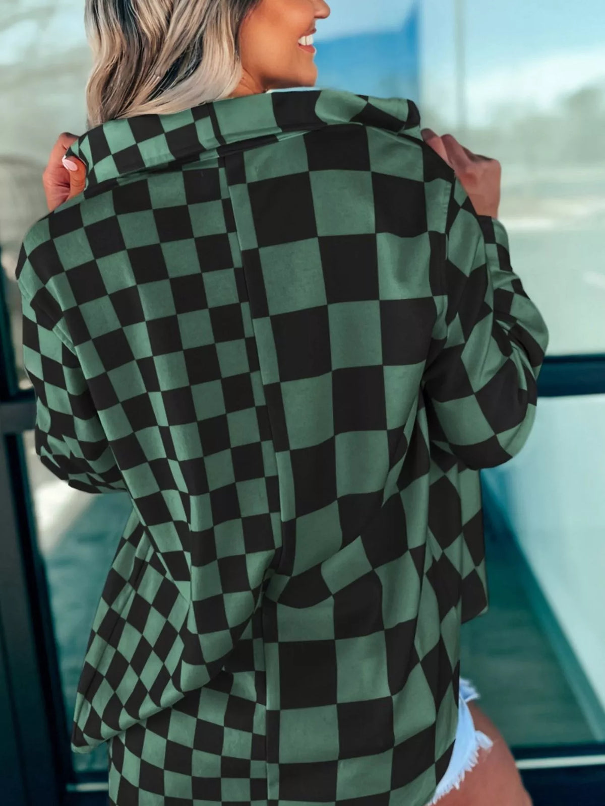 Checkered Button Up Oversized Shacket in Dark Green side view