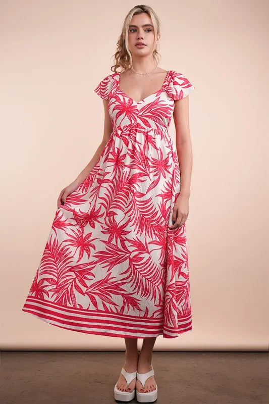 Tropical printed midi boho dress front view