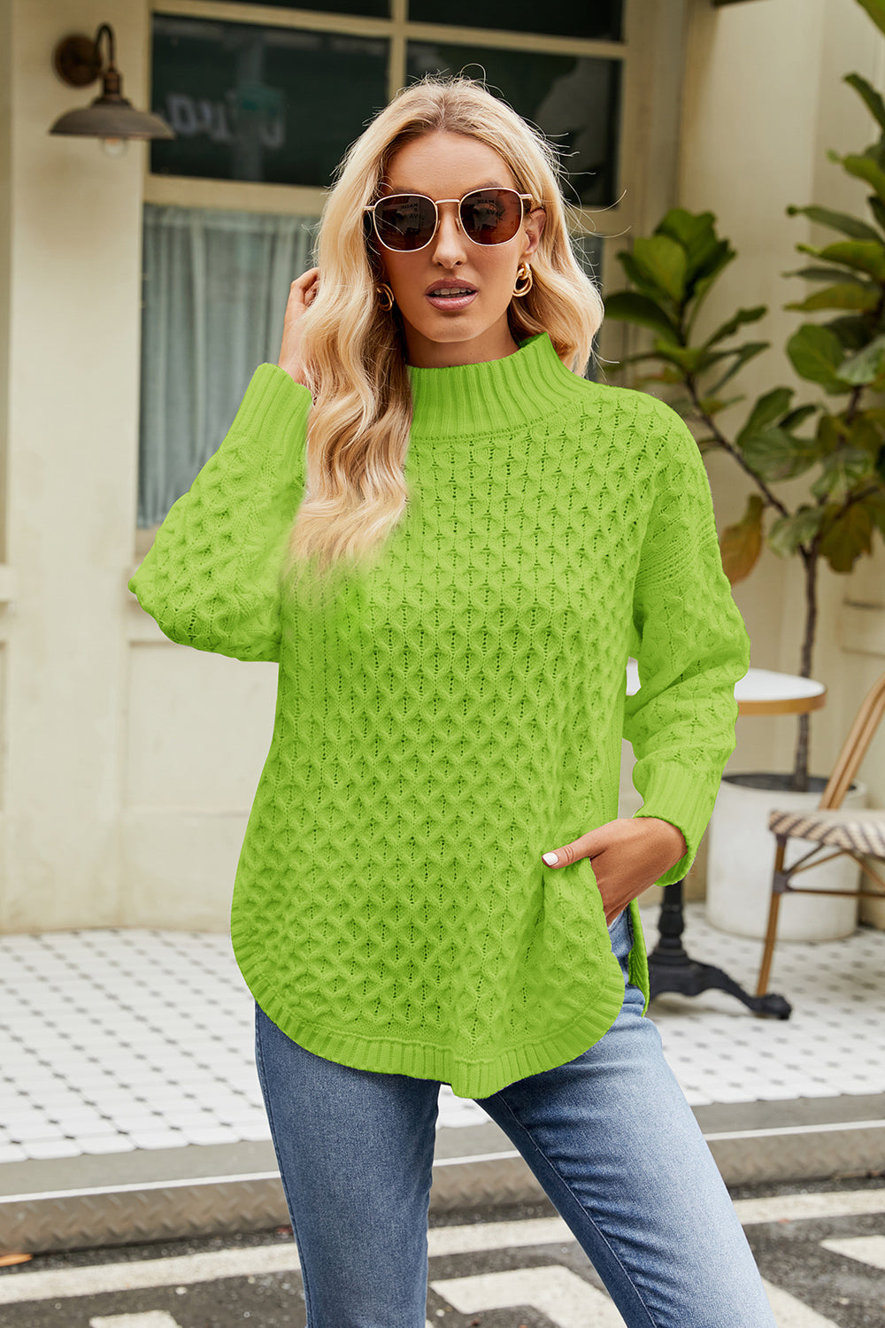 Slit Long Sleeve Mock Neck Sweater Mid Green - Fashorio