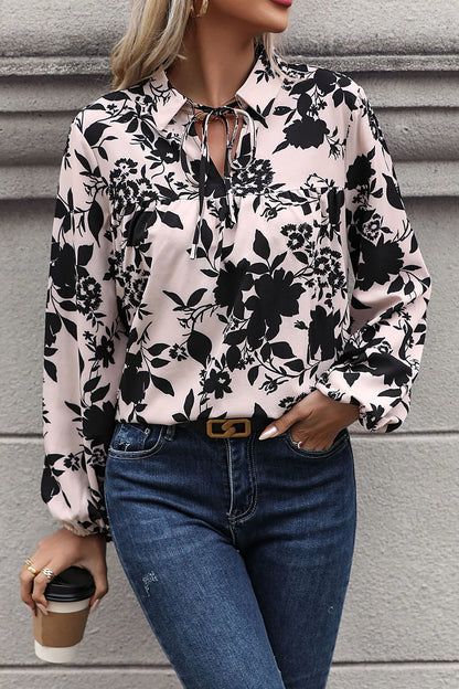 Perfee Printed Tie Neck Balloon Sleeve Blouse - Fashorio