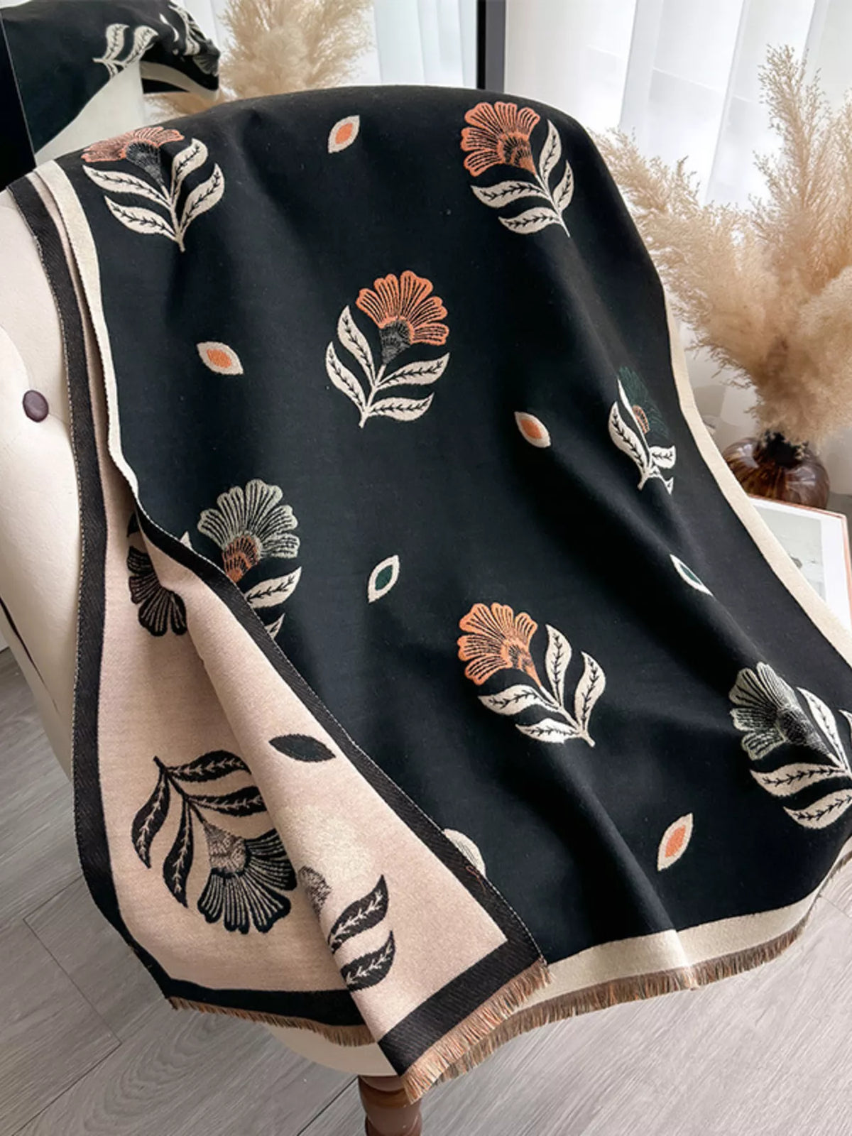 Printed raw hem shawl folded detail