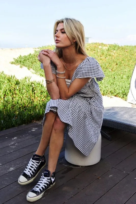 Jacquard V Neck Flutter Sleeve Tiered Dress in Black and Ivory view 7