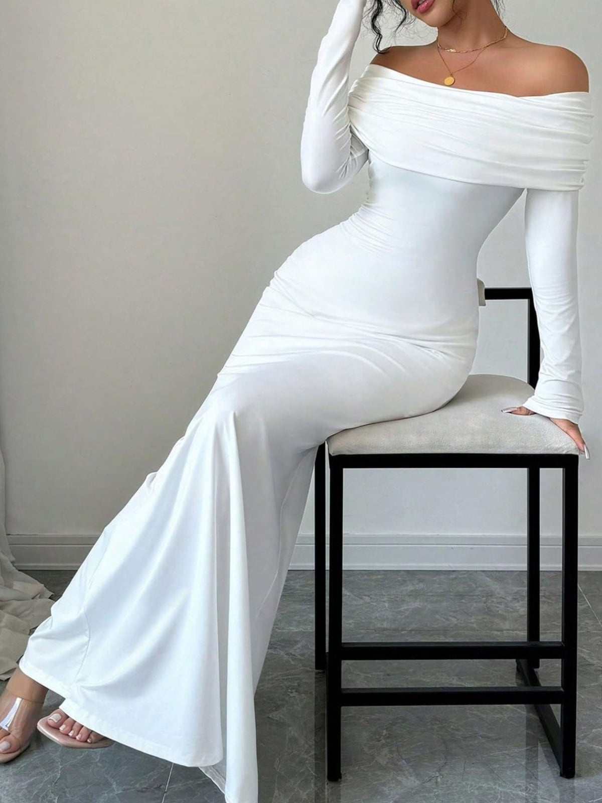 Off shoulder ruched bodycon maxi dress side view