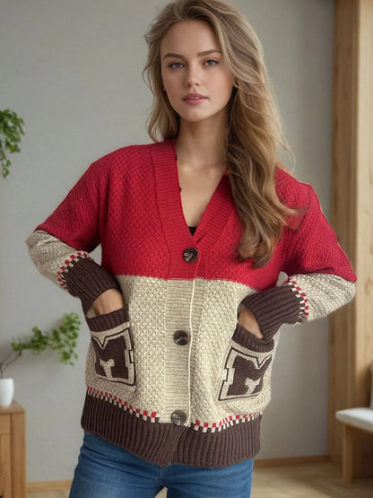 Pocketed Contrast V-Neck Button Up Cardigan Deep Red One Size - Fashorio
