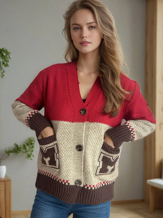 Pocketed Contrast V-Neck Button Up Cardigan Deep Red One Size - Fashorio
