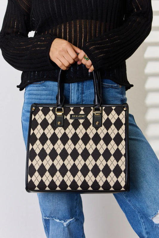 David Jones Argyle Pattern PU Leather Handbag Black One Size - Fashorio