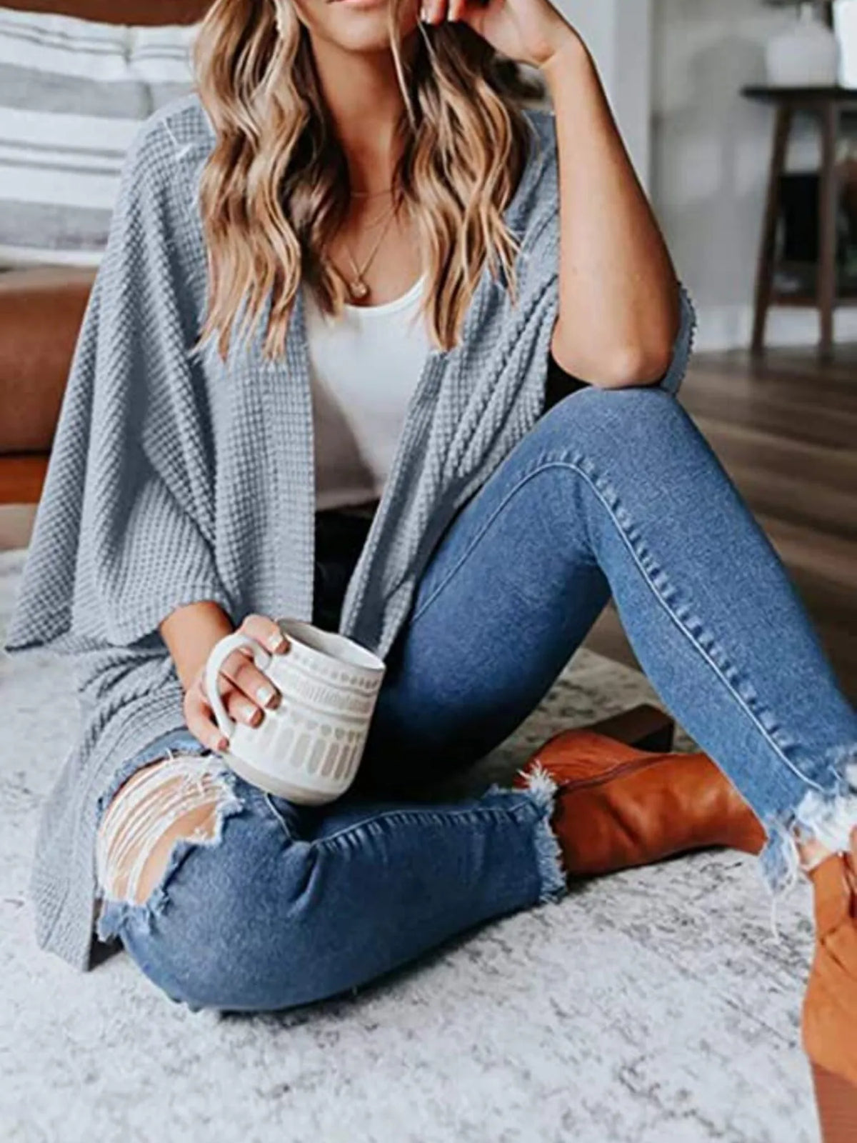 waffle knit open front plus size cardigan close up texture