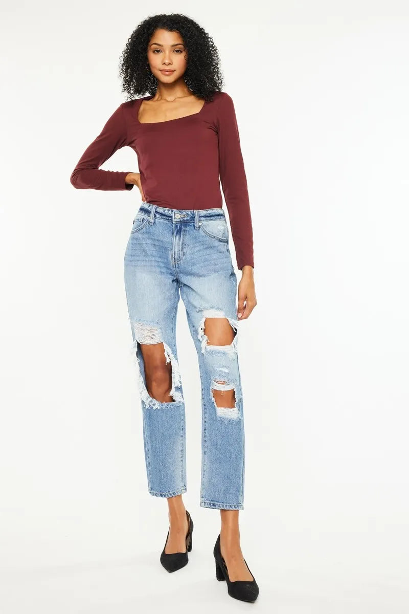 High rise distressed boyfriend jeans front view