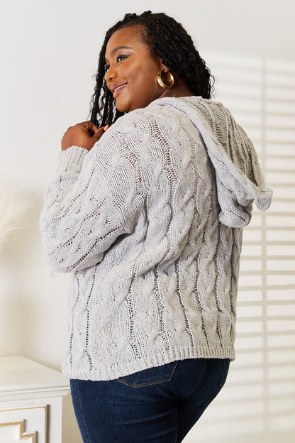Woven Right Cable-Knit Hooded Sweater - Fashorio