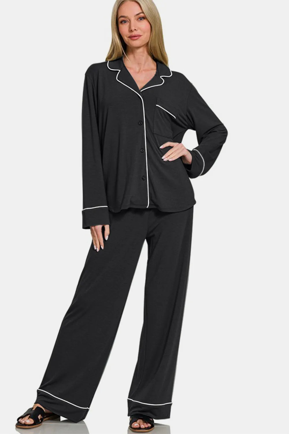 Zenana Button Down Long Sleeve Top and Pants Lounge Set - Fashorio