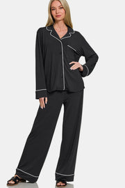 Zenana Button Down Long Sleeve Top and Pants Lounge Set - Fashorio