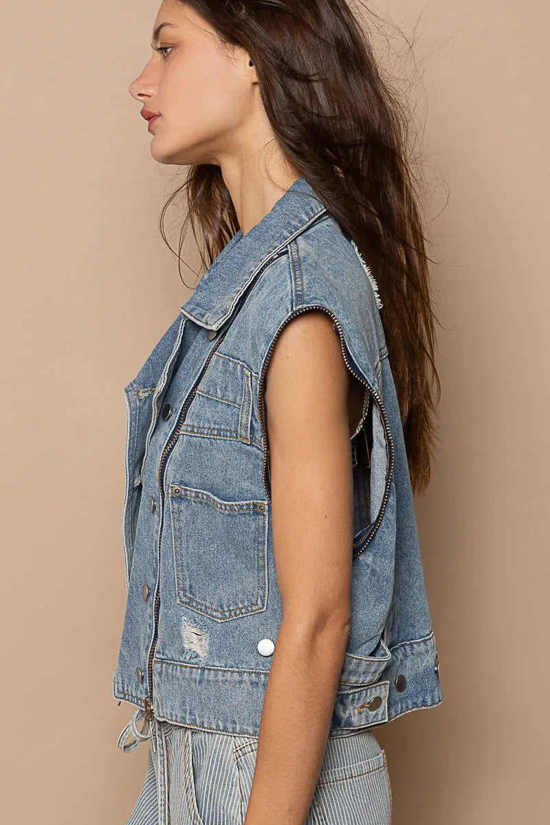 Cropped Zip Front Denim Jacket in Dusty Blue styled look