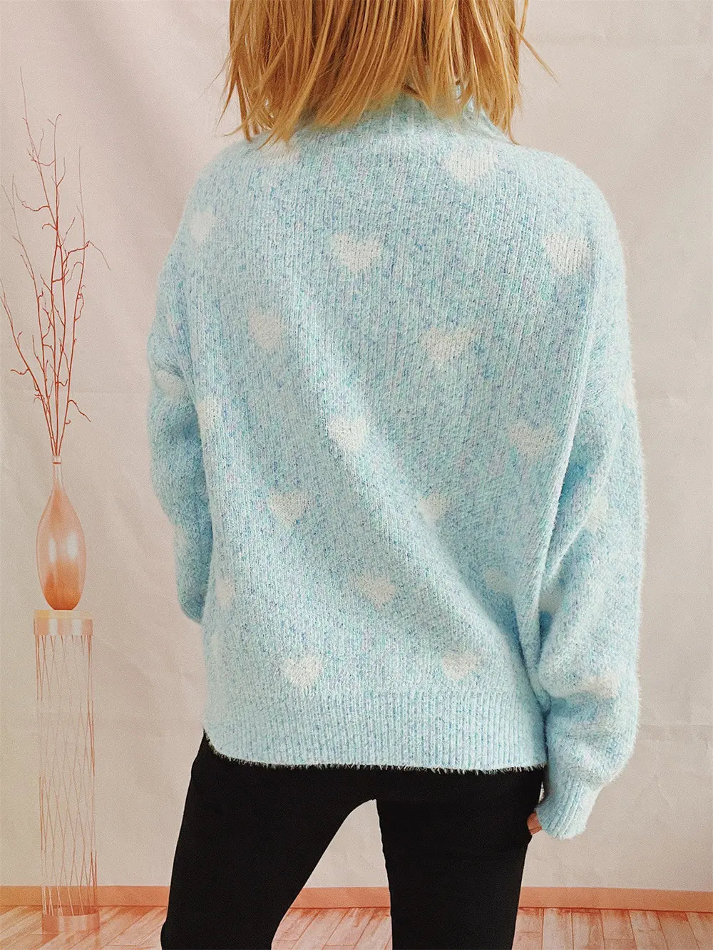 Heart Heathered Turtleneck Drop Shoulder Sweater - Fashorio