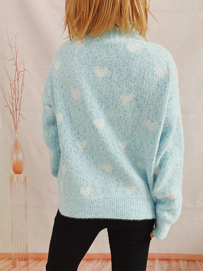 Heart Heathered Turtleneck Drop Shoulder Sweater - Fashorio