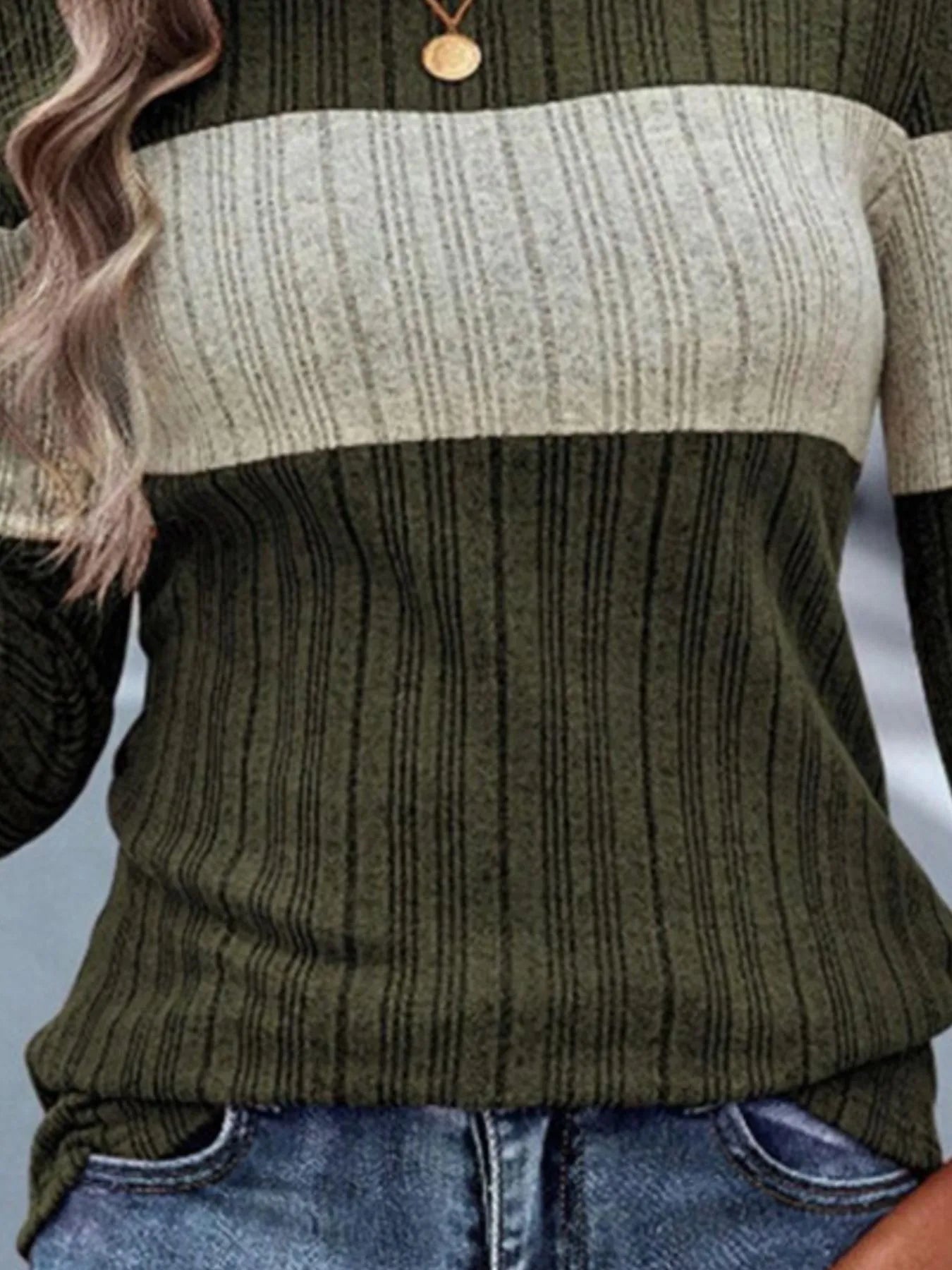 Color Block Round Neck Long Sleeve Sweater - Fashorio