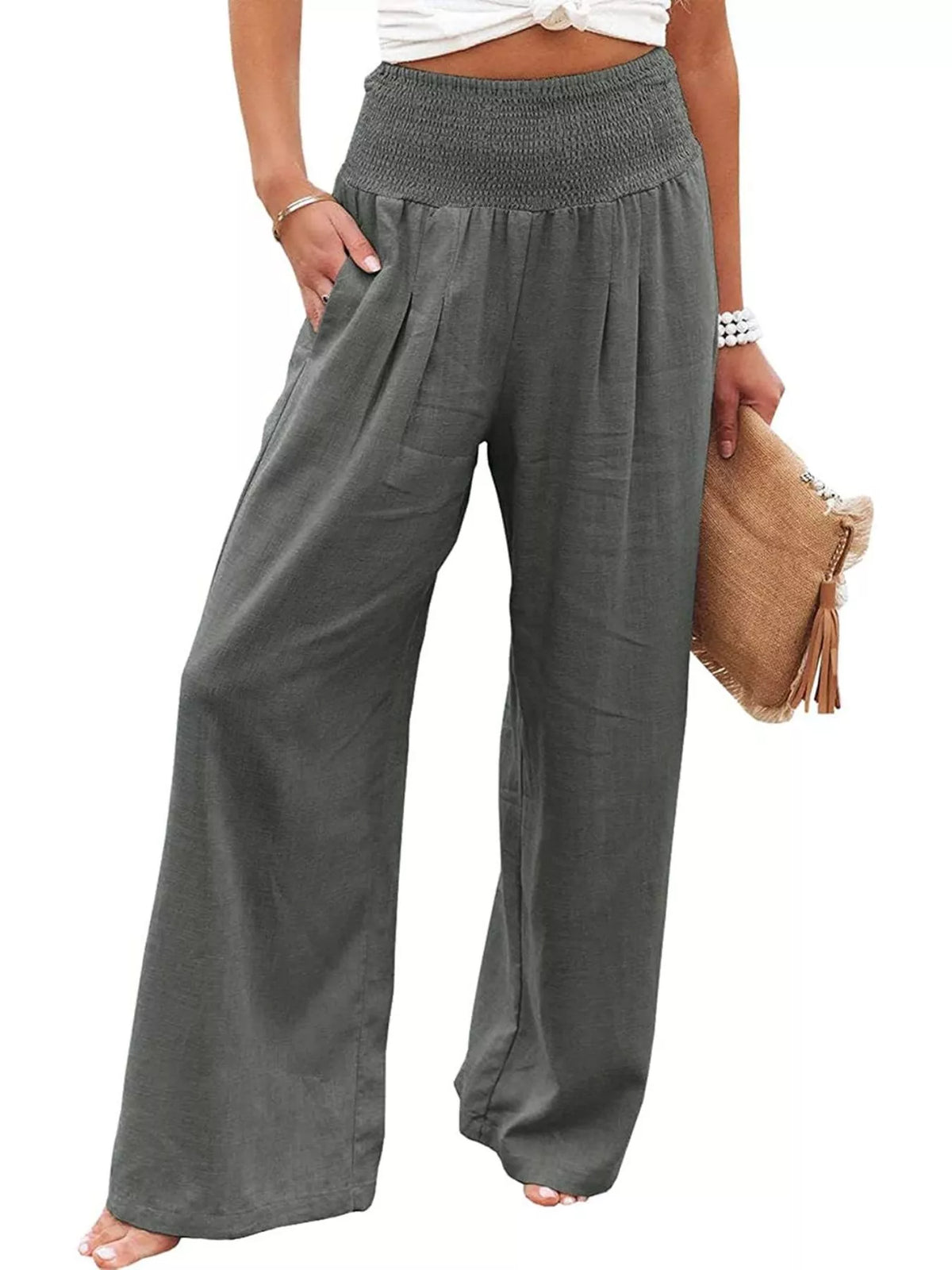 Smocked high waisted wide leg pants full length view