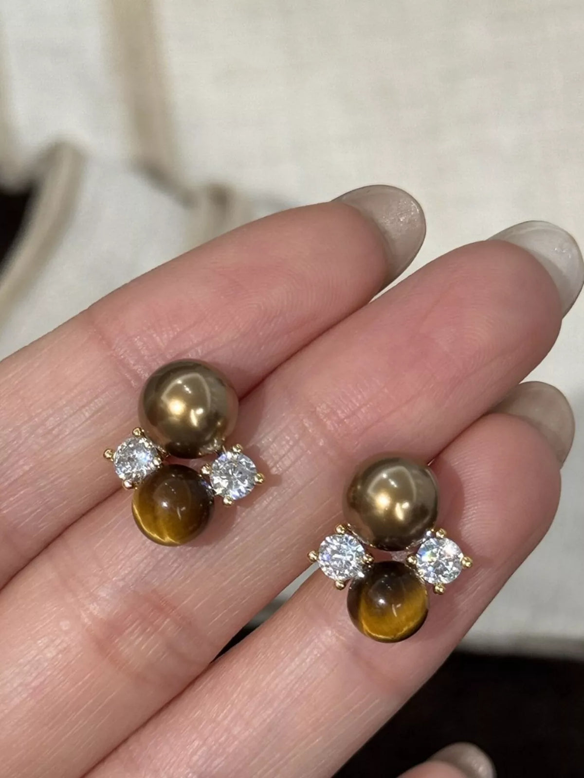 Tiger eye cubic zirconia stud earrings detail