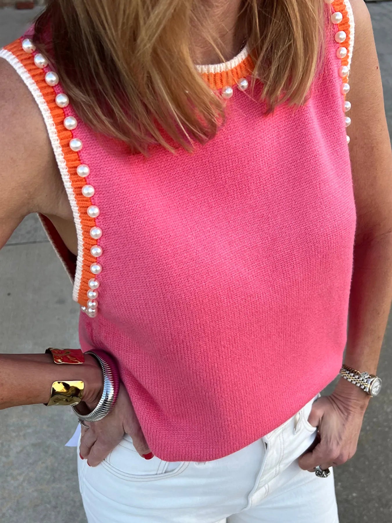 Contrast Trim Pearl Detail Sweater Tank Top Hot Pink - Fashorio