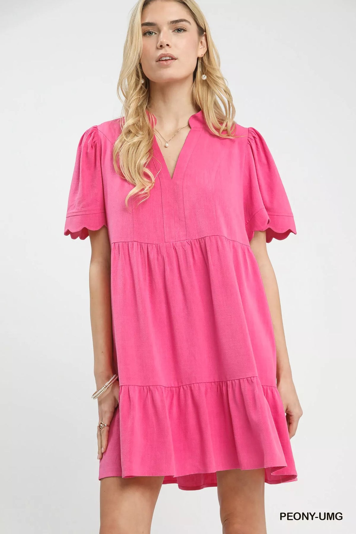 Linen Tiered Babydoll Dress with Scalloped Sleeves