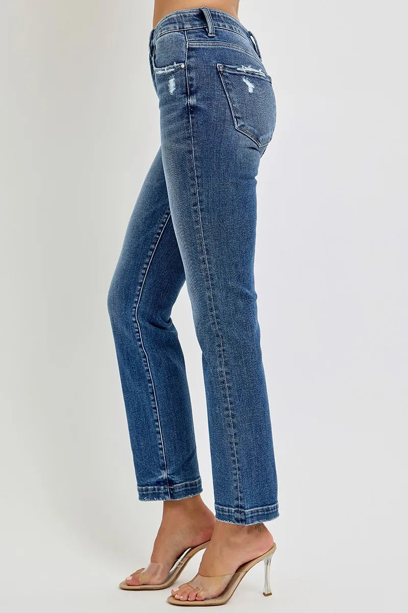 RISEN Full Size Tummy Control Elastic Band Mid Rise Straight Jeans Plus Size - Fashorio