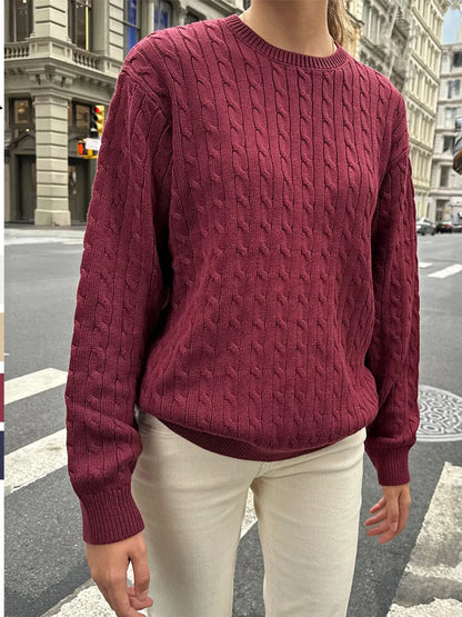 Cable-Knit Round Neck Pullover Sweater Burgundy - Fashorio