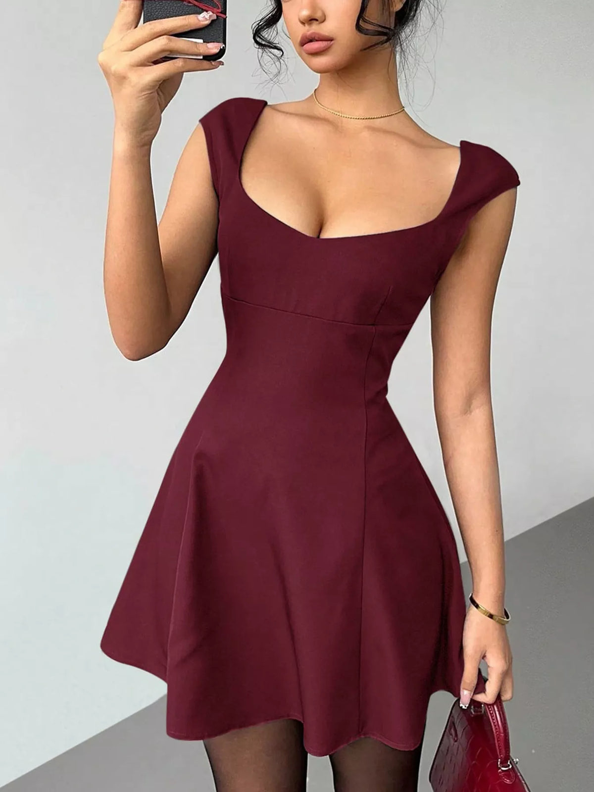 Burgundy sleeveless A line mini dress front view