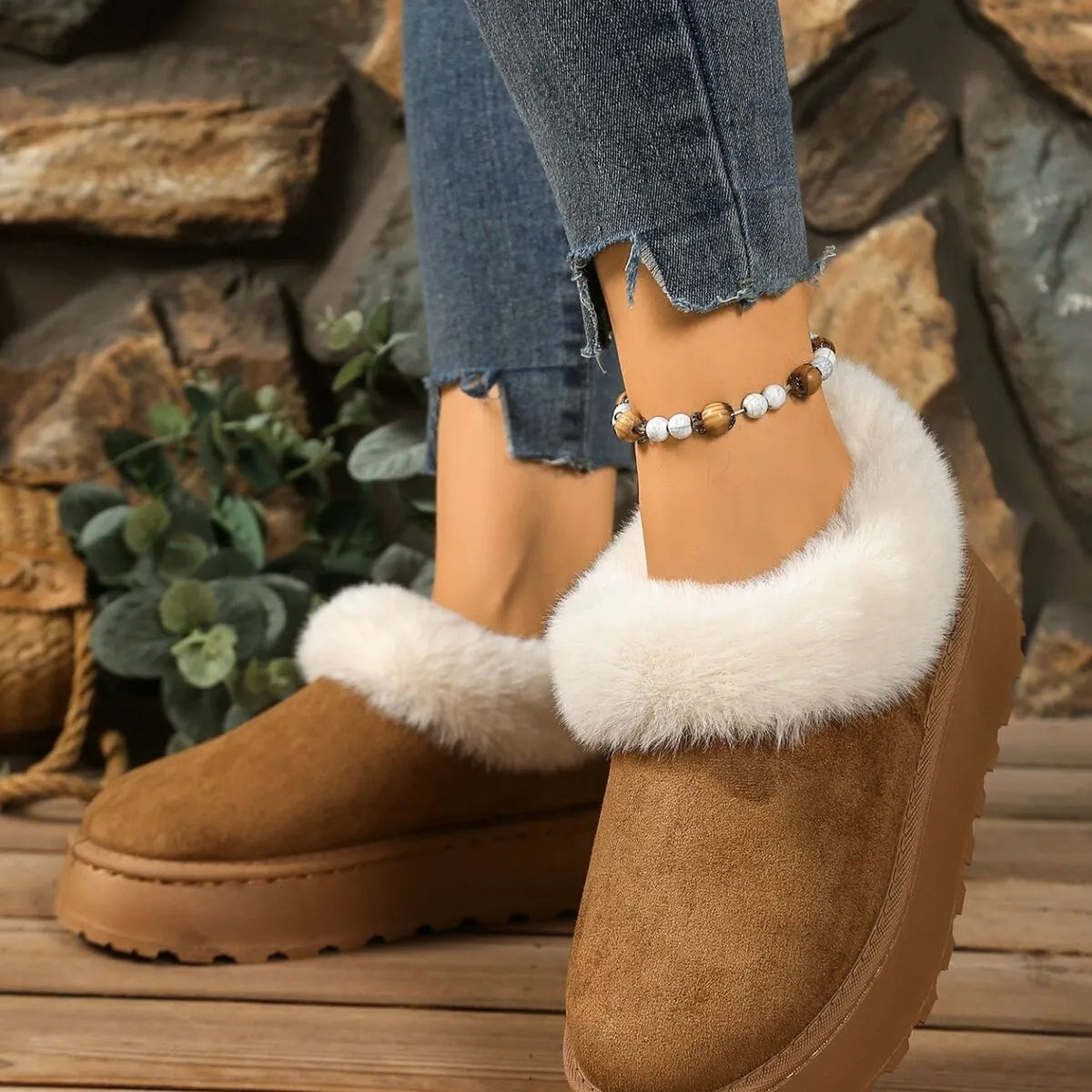 Fuzzy trim round toe platform boots angled pair