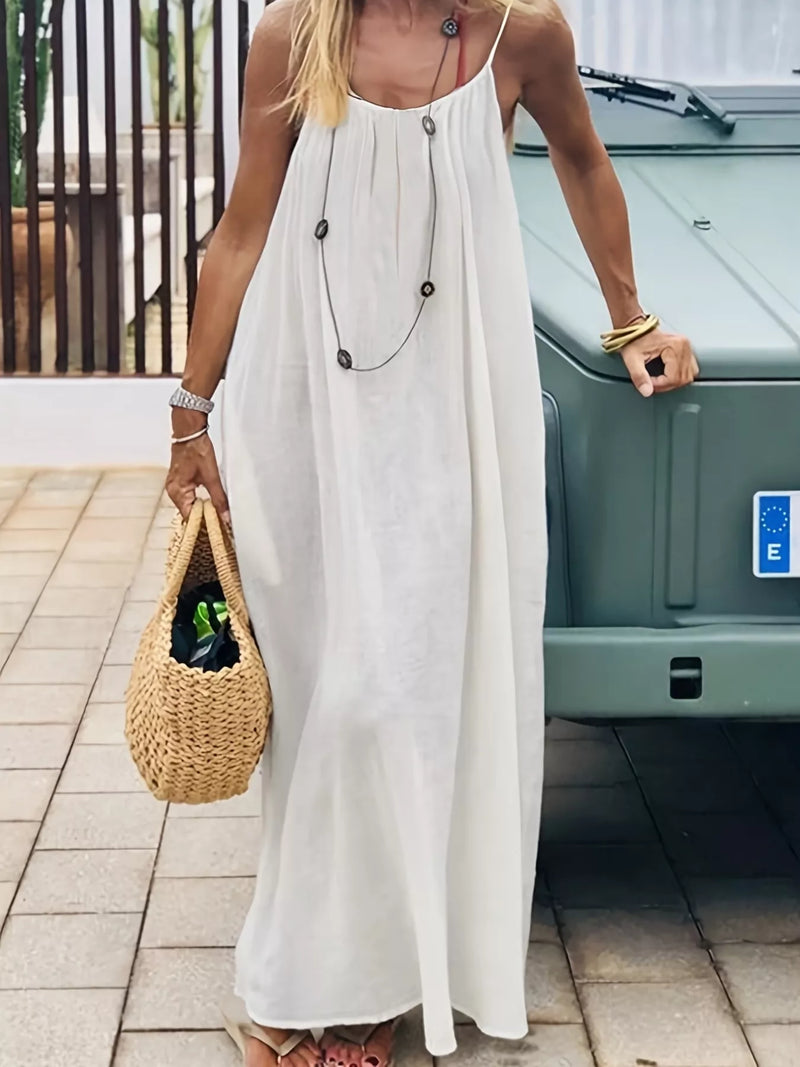 Backless scoop neck maxi dress shown full length on model