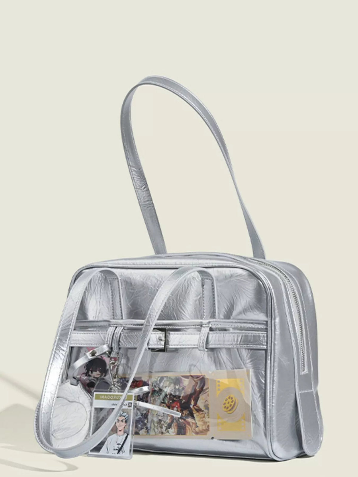 Close up of clear window panel on silver bag