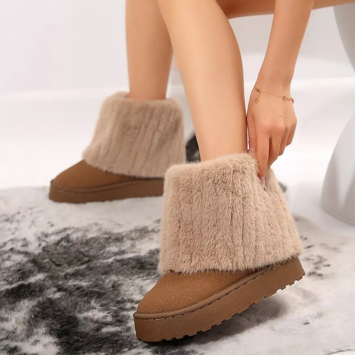 Fuzzy round toe platform boots side profile