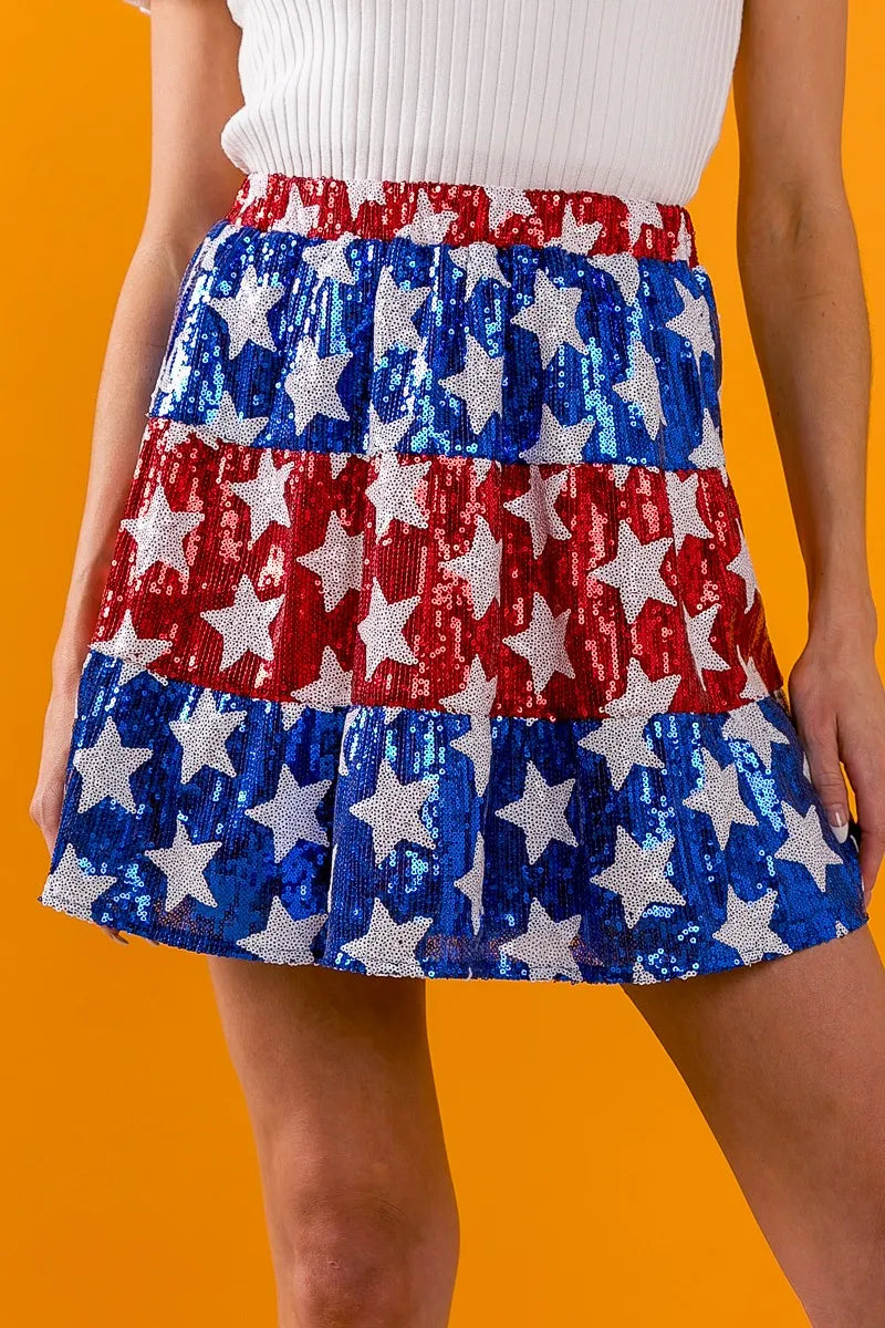 BiBi American Flag Theme Star Sequin Tiered Skirt - Fashorio