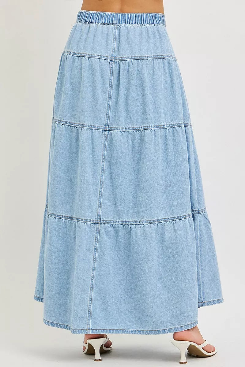 Light wash denim tiered maxi skirt front view