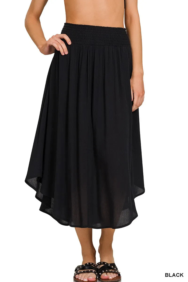 Zenana Woven Crinkle Smocked Waist Maxi Skirt W Pockets - Fashorio