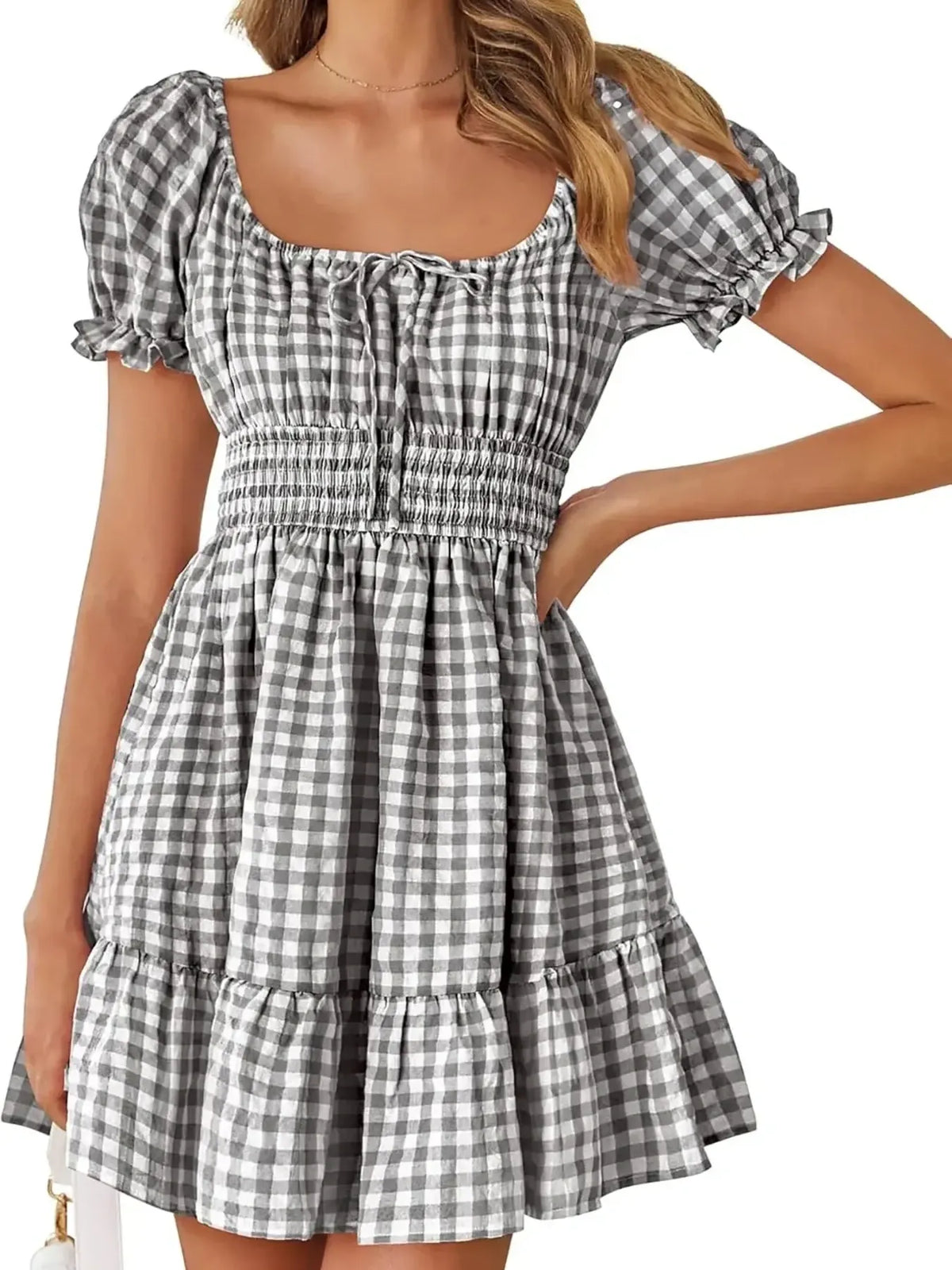 Gingham Smocked Puff Sleeve Summer Dress in Yellow detail