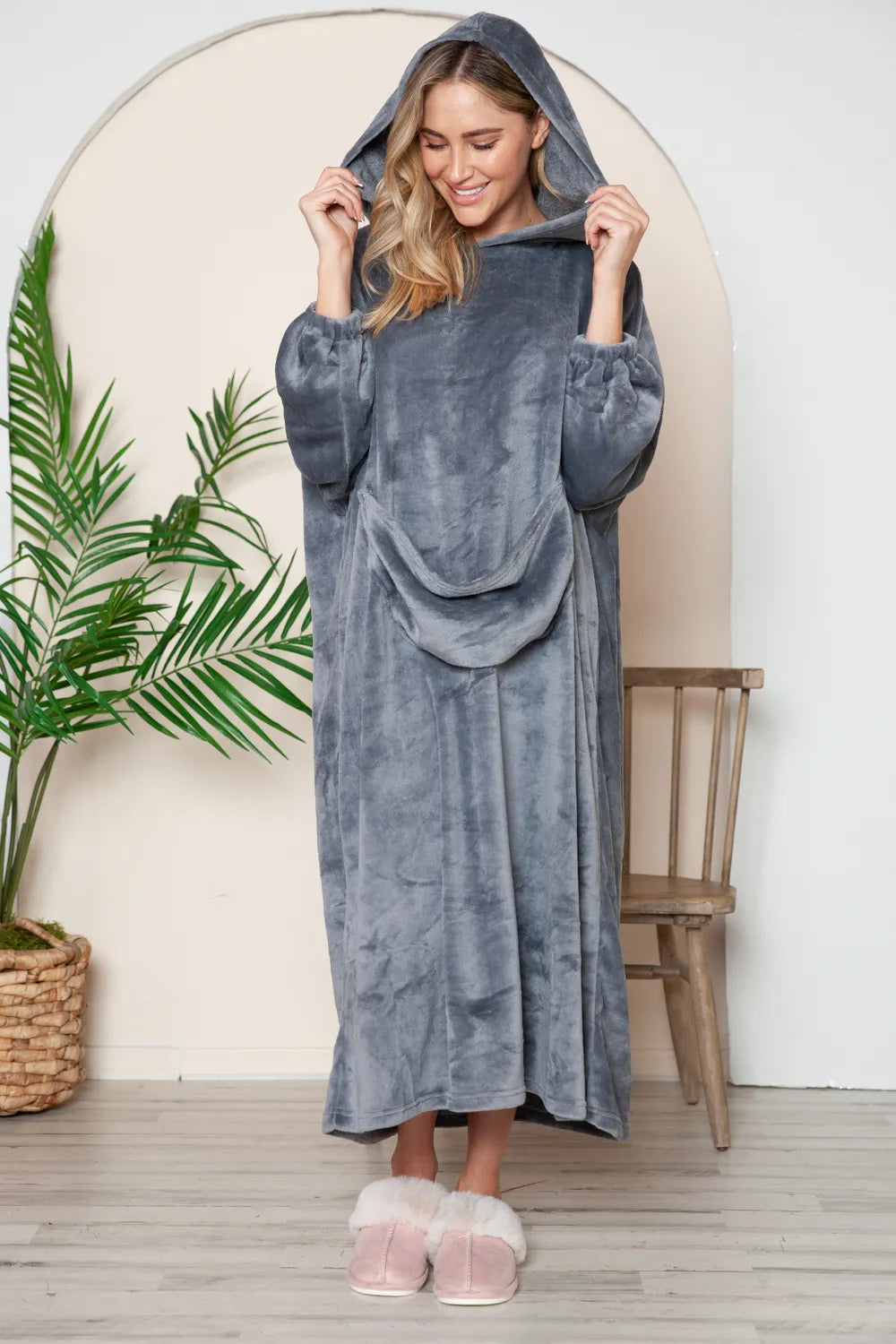 Double Take Full Size Pocketed Hooded Midi Lounge Dress - Fashorio