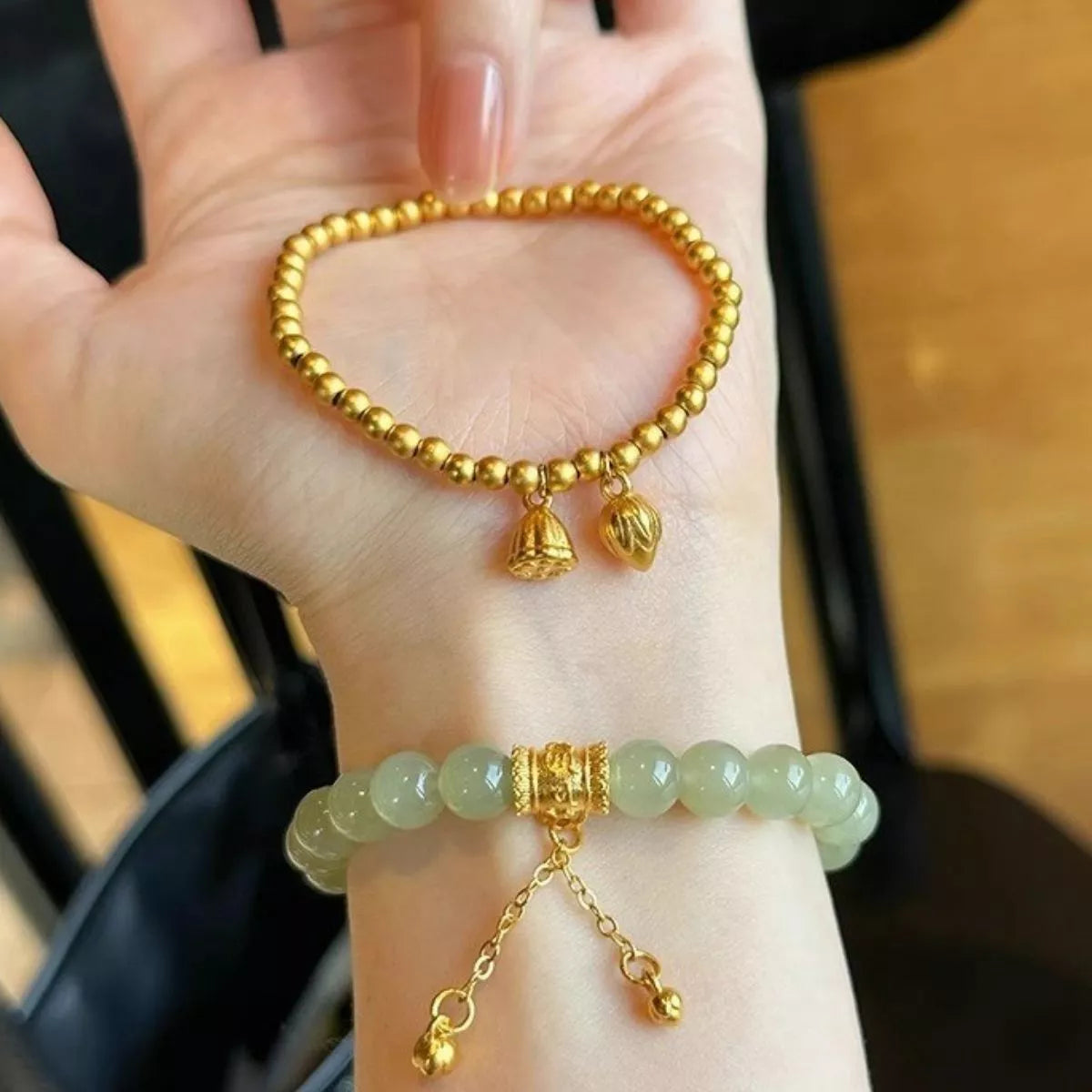 Green jade beaded bracelet bead close up