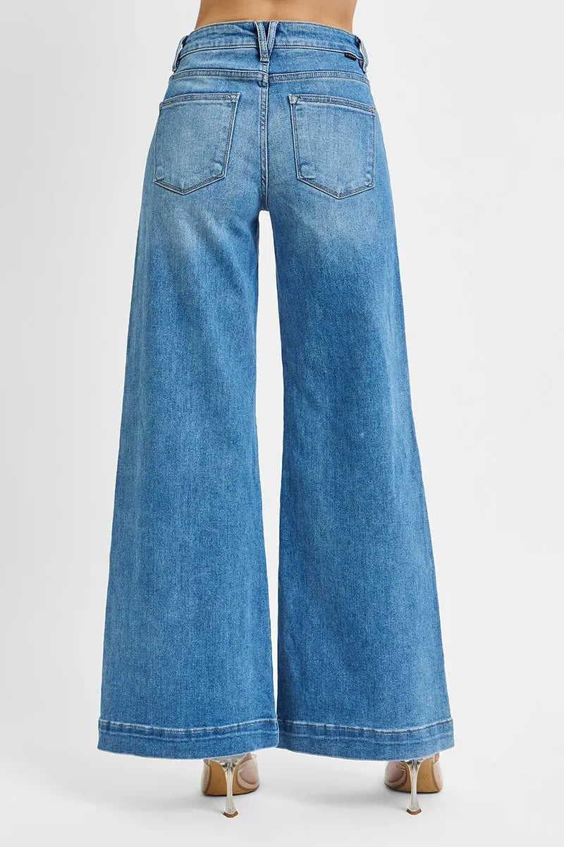 RISEN medium blue denim wide leg jeans fabric detail