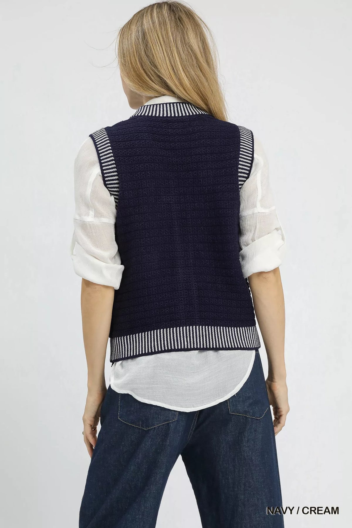 Contrast Stripe Trim Button Down Sweater Vest in Navy and Cream side view