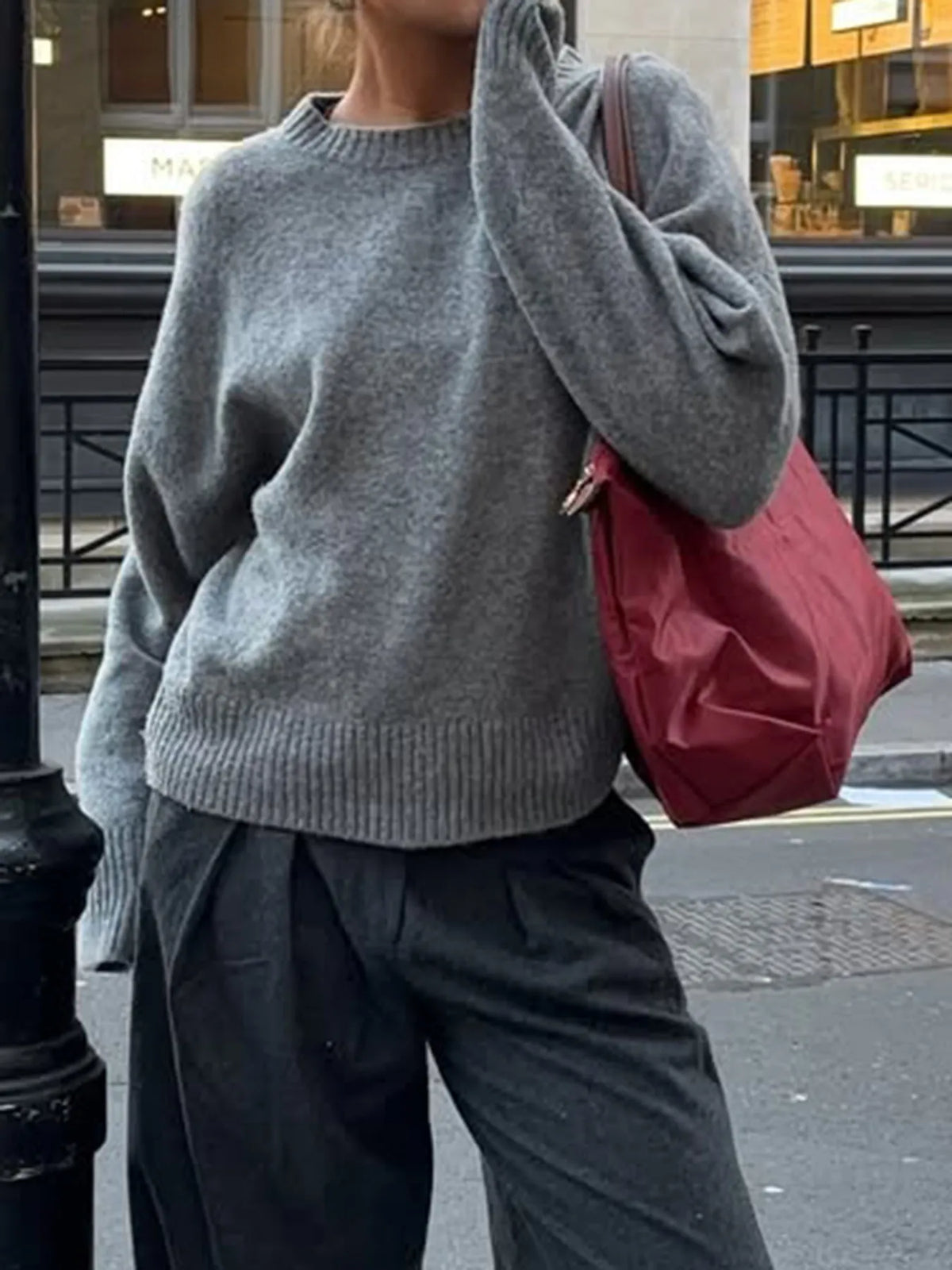 ribbed crewneck drop shoulder oversized sweater sleeve and cuff detail
