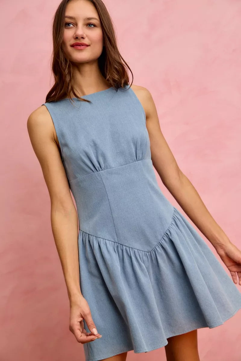 Fit And Flare Sleeveless Denim Mini Dress on model
