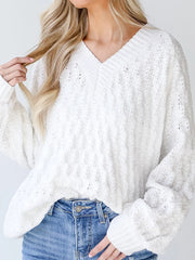 Textured Knit Ribbed Edge V Neck Loose Sweater White - Fashorio