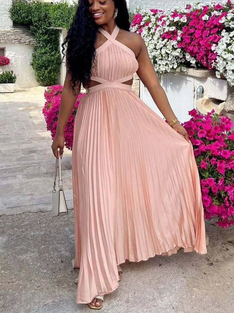 Halter neck pleated maxi dress front view