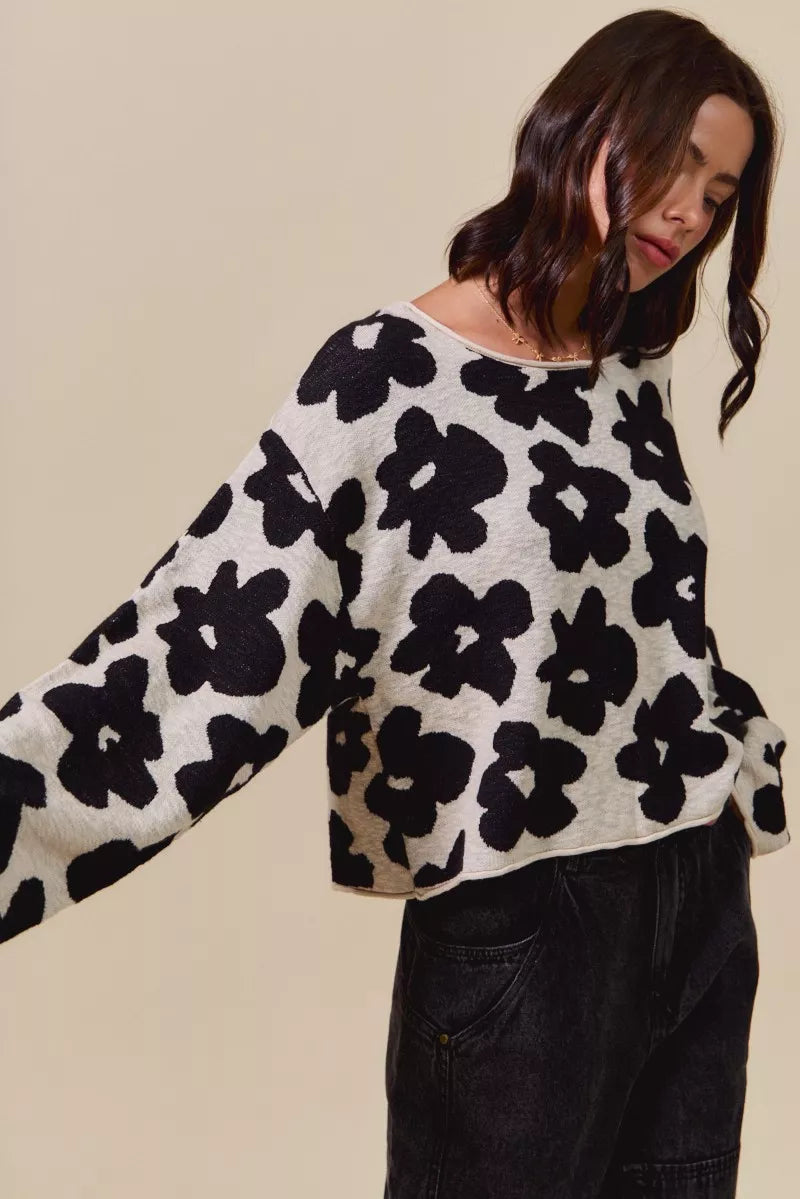 Floral Loose Fit Lightweight Sweater Top in Black and Oatmeal back view