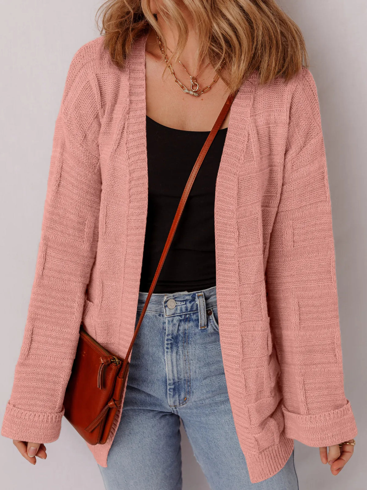 textured knit open front cardigan with pockets close up of the neckline