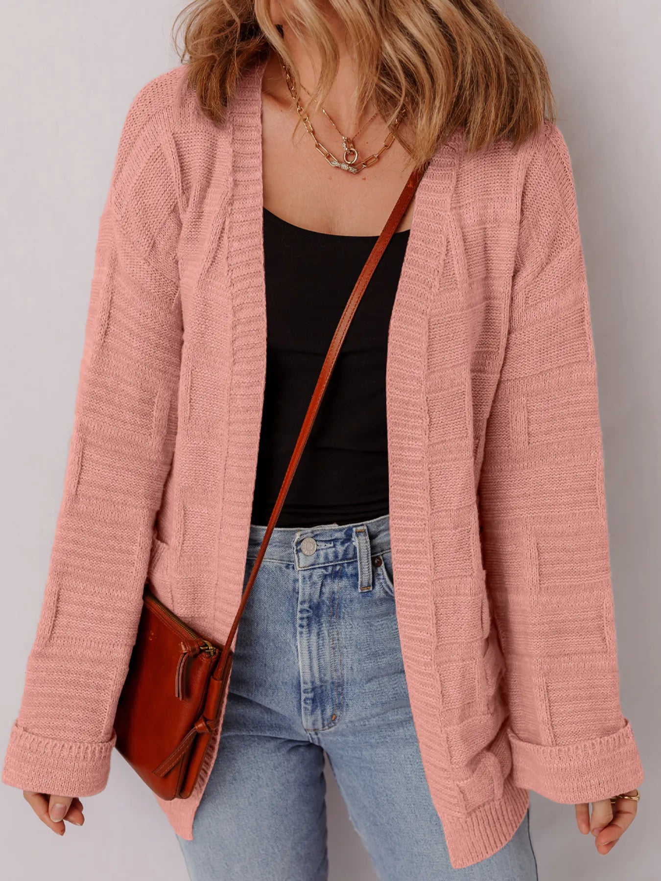 Textured Knit Open Front Cardigan with Pockets - Fashorio