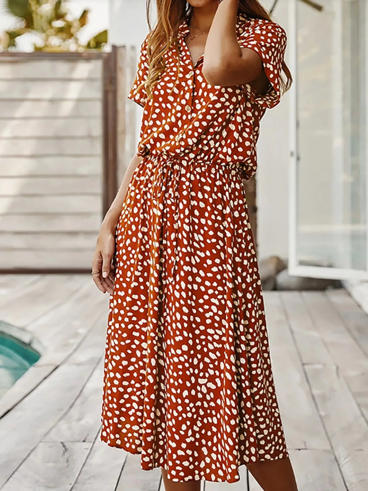 Polka dot button front midi dress full length view